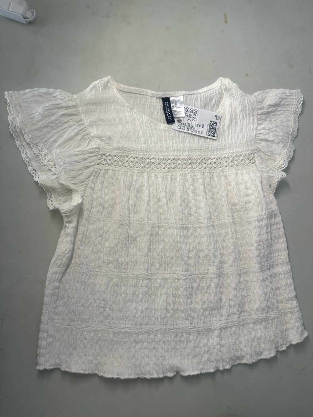 Divided White Lace Yoke Flutter-Sleeve Blouse